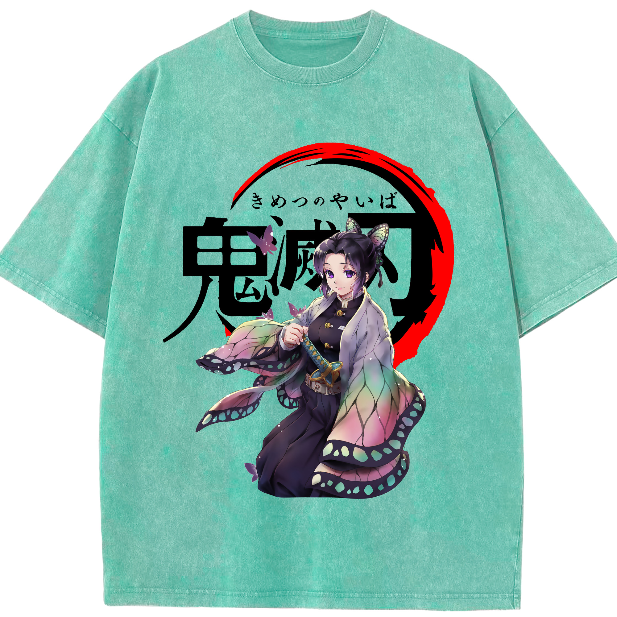 （画像用） 鬼滅の刃（きめつのやいば）蟲柱-胡蝶 しのぶ／こちょう しのぶ Kochou Shinobu 綿100% ヴィンテージ風 半袖Tシャツ（フロントプリント）